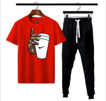 (Red) Black Hand With Cup Printed gym wear Half Sleeves O Neck Trouser &amp; Tshirt Tracksuit For Men highly recommended tracksuit for Boys